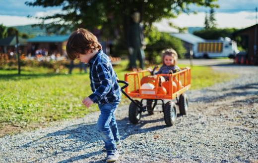 Boy pulling wagon with young sibling in it picking out their pumpkins at a seattle-area pumpkin patch in early fall 2022