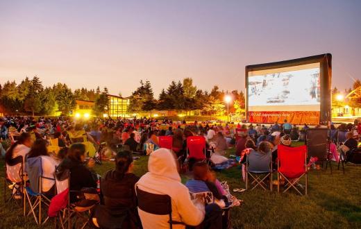 People relax at a park watching a free outdoor summer movie for kids and families