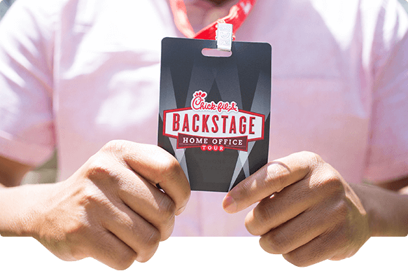 An image of a Chik-fil-A backstage home office tour badge